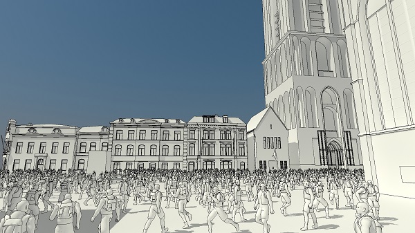 A crowd simulation in the centre of virtual Utrecht.