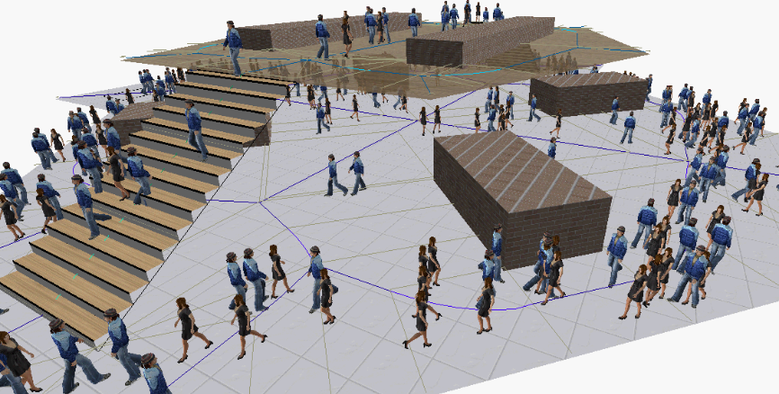 A crowd moving on a multi-layered navigation mesh.