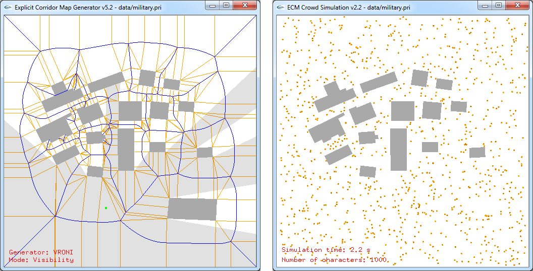 Screenshots of the ECM generator and crowd simulation demos.